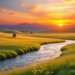 A serene and enchanting scene depicting a vast, tranquil landscape with soft rolling hills, a vibrant sunset casting warm orange and purple hues across the sky, and a peaceful river gently flowing through the foreground
