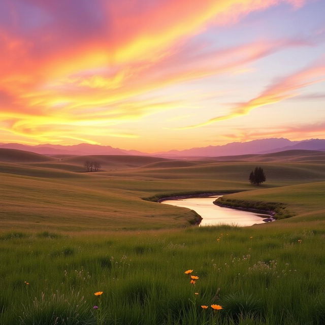 A serene and enchanting scene depicting a vast, tranquil landscape with soft rolling hills, a vibrant sunset casting warm orange and purple hues across the sky, and a peaceful river gently flowing through the foreground