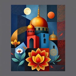 A stunning cubist artwork inspired by traditional Iranian elements, featuring a harmonious blend of geometric forms and intricate Persian patterns