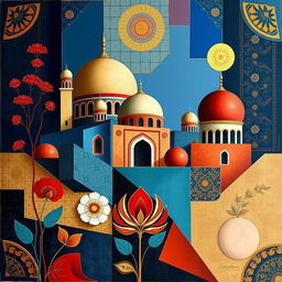 A stunning cubist artwork inspired by traditional Iranian elements, featuring a harmonious blend of geometric forms and intricate Persian patterns