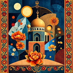 A stunning cubist artwork inspired by traditional Iranian elements, featuring a harmonious blend of geometric forms and intricate Persian patterns