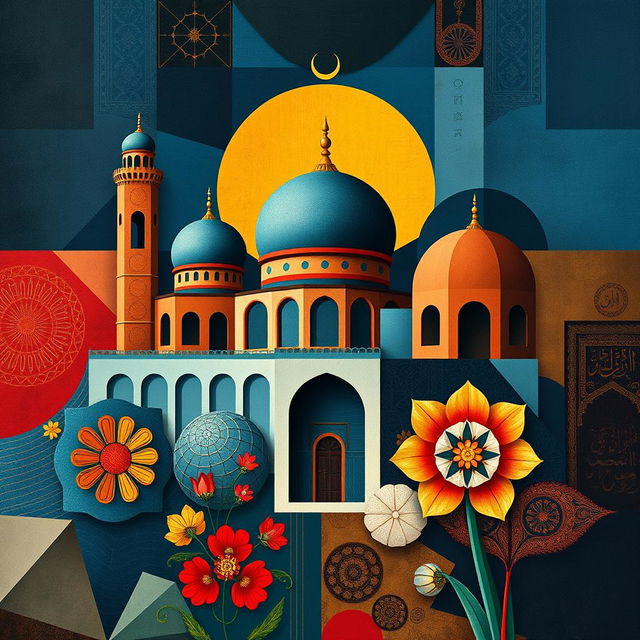 A stunning cubist artwork inspired by traditional Iranian elements, featuring a harmonious blend of geometric forms and intricate Persian patterns