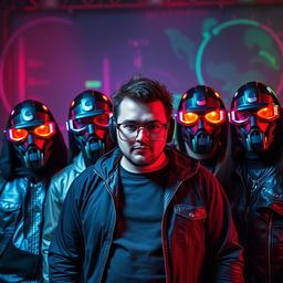 A striking lineup of a metalcore band standing together against a vibrant cyberpunk-inspired background