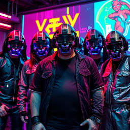 A striking lineup of a metalcore band standing together against a vibrant cyberpunk-inspired background