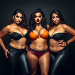 Three sexy desi aunties, dressed in eye-catching outfits that showcase their curvaceous figures