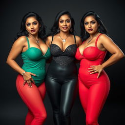 Three sexy desi aunties, dressed in eye-catching outfits that showcase their curvaceous figures