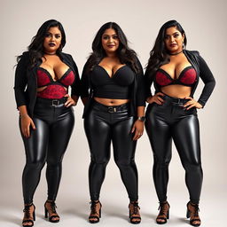 Three sexy desi aunties, dressed in eye-catching outfits that showcase their curvaceous figures