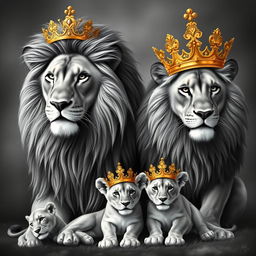 A beautiful depiction of a proud adult male lion and a majestic adult female lion, accompanied by two junior lions, all wearing ornate golden crowns