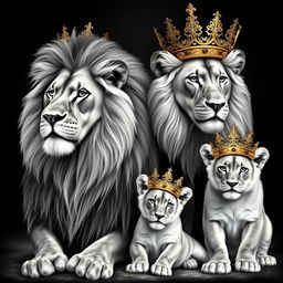 A beautiful depiction of a proud adult male lion and a majestic adult female lion, accompanied by two junior lions, all wearing ornate golden crowns