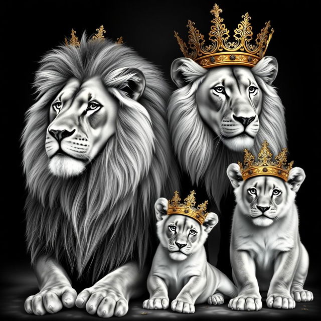 A beautiful depiction of a proud adult male lion and a majestic adult female lion, accompanied by two junior lions, all wearing ornate golden crowns