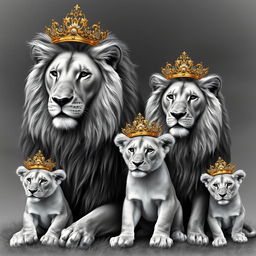 A beautiful depiction of a proud adult male lion and a majestic adult female lion, accompanied by two junior lions, all wearing ornate golden crowns