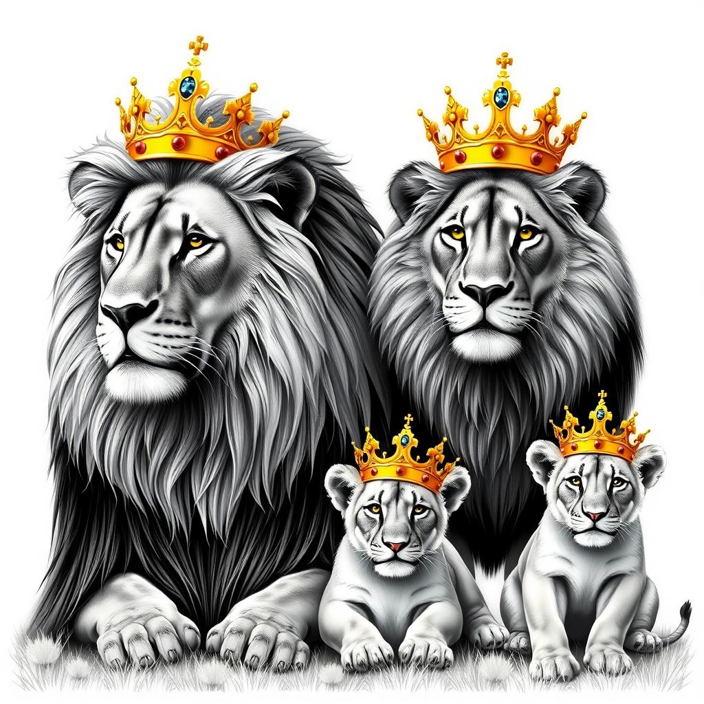 A beautiful depiction of a proud adult male lion and a majestic adult female lion, accompanied by two junior lions, all wearing ornate golden crowns