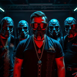 An intense lineup of an Indian metalcore band standing together, exuding an aggressive and powerful demeanor