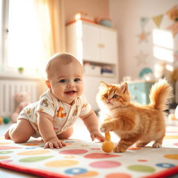 A heartwarming scene of a baby and a fluffy cat happily playing together in a bright, cheerful nursery