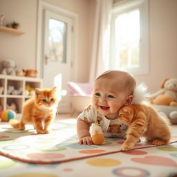 A heartwarming scene of a baby and a fluffy cat happily playing together in a bright, cheerful nursery