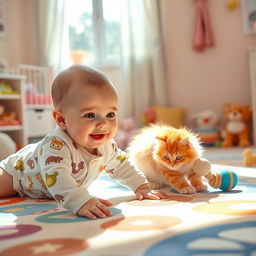 A heartwarming scene of a baby and a fluffy cat happily playing together in a bright, cheerful nursery