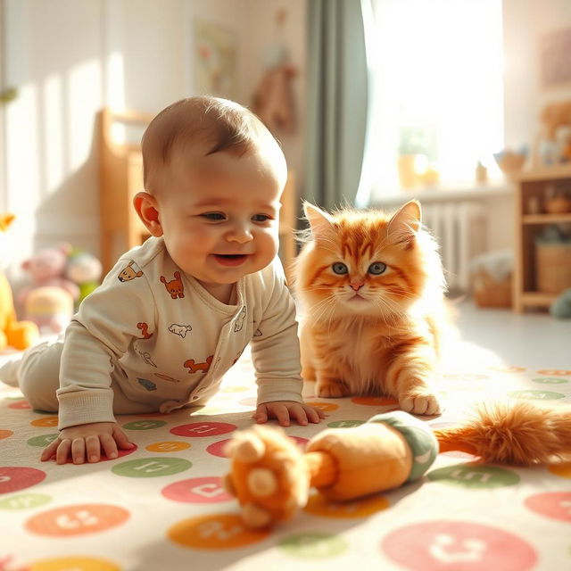 A heartwarming scene of a baby and a fluffy cat happily playing together in a bright, cheerful nursery