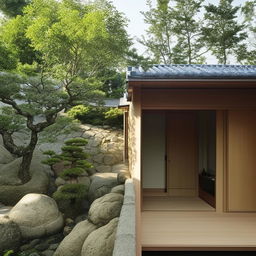 A Japanese concept house, featuring harmonious minimalist design, natural materials, and zen garden.