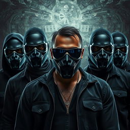 An intense full portrait of an Indian metalcore band lineup, standing together with an aggressive demeanor