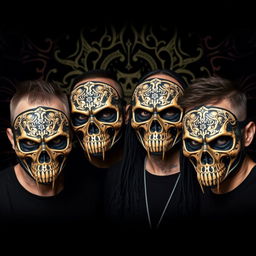 A full portrait of an Indian groove metal band, featuring four members wearing intricate deathmasks that cover their faces