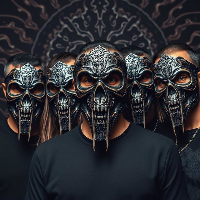 A full portrait of an Indian groove metal band, featuring four members wearing intricate deathmasks that cover their faces