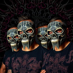 A full portrait of an Indian groove metal band, featuring four members wearing intricate deathmasks that cover their faces