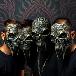 A full portrait of an Indian groove metal band, featuring four members wearing intricate deathmasks that cover their faces