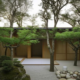 A Japanese concept house, featuring harmonious minimalist design, natural materials, and zen garden.