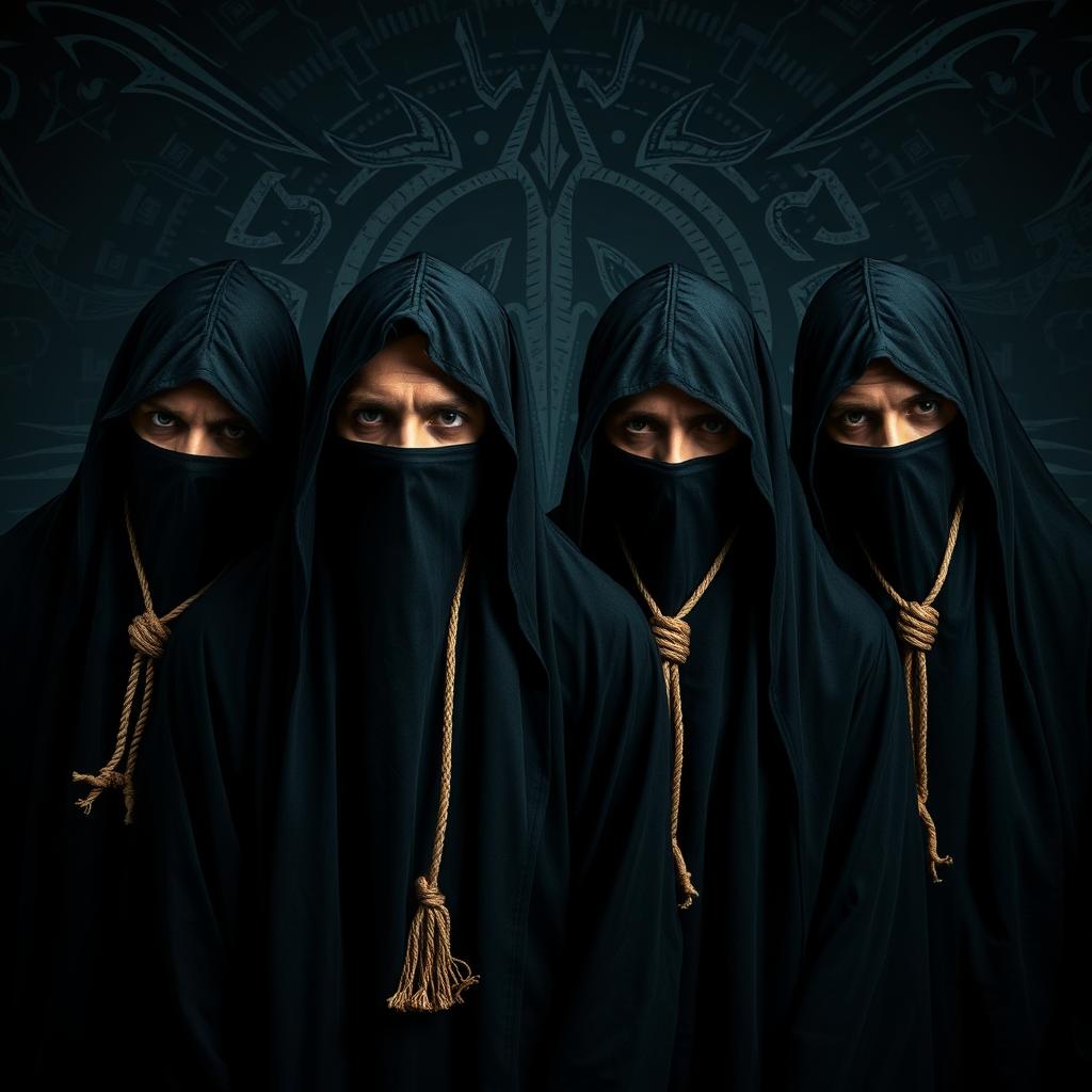 A full portrait of an Indian death metal band, featuring four members wearing black shrouds that cover their faces, with nooses around their necks, creating a striking and edgy appearance