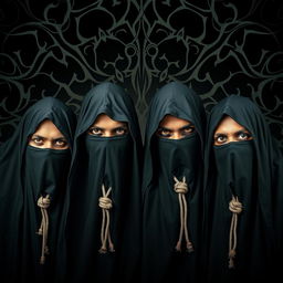A full portrait of an Indian death metal band, featuring four members wearing black shrouds that cover their faces, with nooses around their necks, creating a striking and edgy appearance