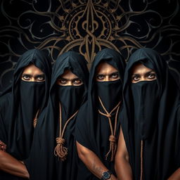 A full portrait of an Indian death metal band, featuring four members wearing black shrouds that cover their faces, with nooses around their necks, creating a striking and edgy appearance