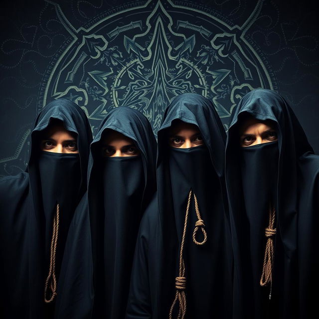 A full portrait of an Indian death metal band, featuring four members wearing black shrouds that cover their faces, with nooses around their necks, creating a striking and edgy appearance