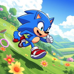 A dynamic and energetic illustration of a blue anthropomorphic hedgehog character with spiky quills, wearing red sneakers and a confident grin, racing through a lush green landscape filled with colorful rings and vibrant flowers, as he dashes past a scenic backdrop of rolling hills and a bright blue sky
