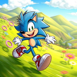 A dynamic and energetic illustration of a blue anthropomorphic hedgehog character with spiky quills, wearing red sneakers and a confident grin, racing through a lush green landscape filled with colorful rings and vibrant flowers, as he dashes past a scenic backdrop of rolling hills and a bright blue sky