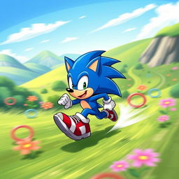 A dynamic and energetic illustration of a blue anthropomorphic hedgehog character with spiky quills, wearing red sneakers and a confident grin, racing through a lush green landscape filled with colorful rings and vibrant flowers, as he dashes past a scenic backdrop of rolling hills and a bright blue sky