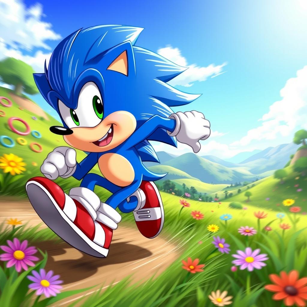 A dynamic and energetic illustration of a blue anthropomorphic hedgehog character with spiky quills, wearing red sneakers and a confident grin, racing through a lush green landscape filled with colorful rings and vibrant flowers, as he dashes past a scenic backdrop of rolling hills and a bright blue sky