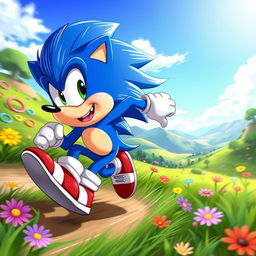 A dynamic and energetic illustration of a blue anthropomorphic hedgehog character with spiky quills, wearing red sneakers and a confident grin, racing through a lush green landscape filled with colorful rings and vibrant flowers, as he dashes past a scenic backdrop of rolling hills and a bright blue sky