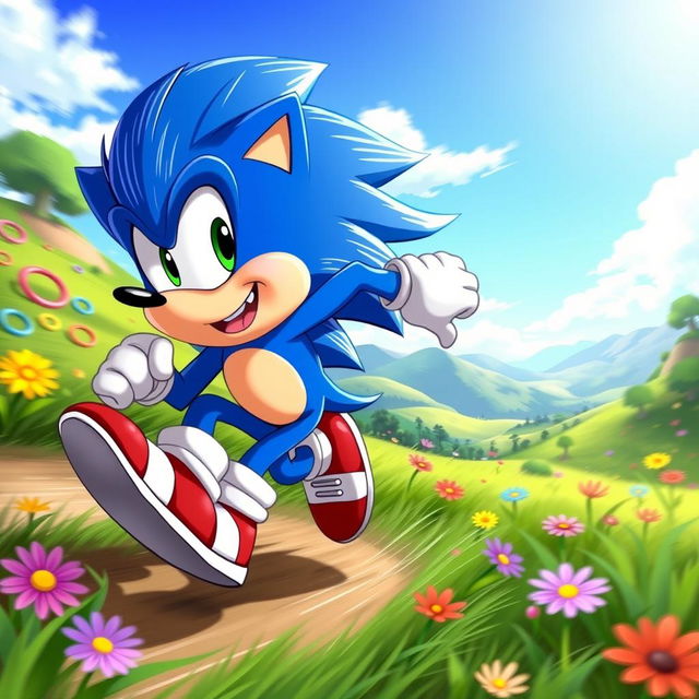 A dynamic and energetic illustration of a blue anthropomorphic hedgehog character with spiky quills, wearing red sneakers and a confident grin, racing through a lush green landscape filled with colorful rings and vibrant flowers, as he dashes past a scenic backdrop of rolling hills and a bright blue sky