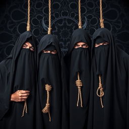 A full portrait of an Indian death metal band, featuring four members completely covered by black shrouds that obscure their faces, each adorned with a noose around their necks, creating a striking and dramatic appearance