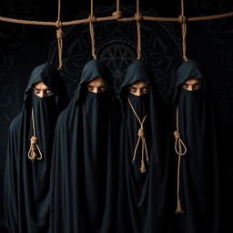 A full portrait of an Indian death metal band, featuring four members completely covered by black shrouds that obscure their faces, each adorned with a noose around their necks, creating a striking and dramatic appearance