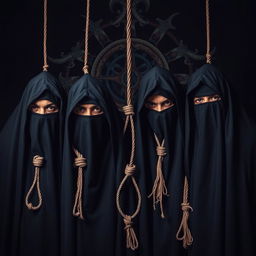 A full portrait of an Indian death metal band, featuring four members completely covered by black shrouds that obscure their faces, each adorned with a noose around their necks, creating a striking and dramatic appearance