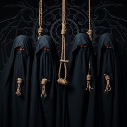 A full portrait of an Indian death metal band, featuring four members completely covered by black shrouds that obscure their faces, each adorned with a noose around their necks, creating a striking and dramatic appearance