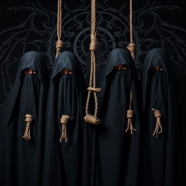 A full portrait of an Indian death metal band, featuring four members completely covered by black shrouds that obscure their faces, each adorned with a noose around their necks, creating a striking and dramatic appearance