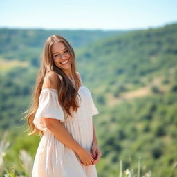 A beautiful woman standing in a serene natural setting