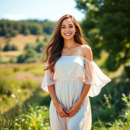 A beautiful woman standing in a serene natural setting
