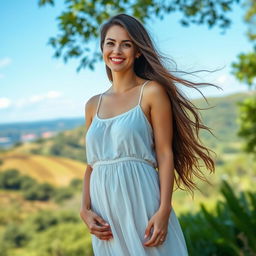 A beautiful woman standing in a serene natural setting