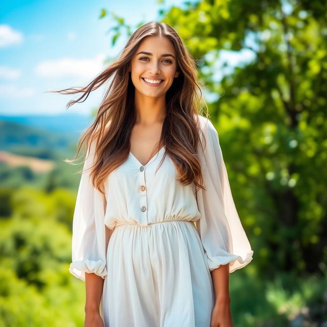 A beautiful woman standing in a serene natural setting