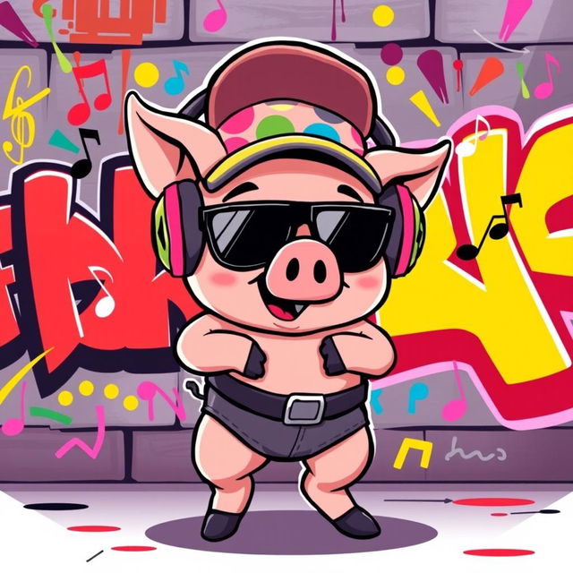 A stylized illustration of a pig character inspired by the Friday Night Funkin' game, featuring a cute cartoonish design and wearing a colorful cap and headphones