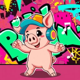 A stylized illustration of a pig character inspired by the Friday Night Funkin' game, featuring a cute cartoonish design and wearing a colorful cap and headphones