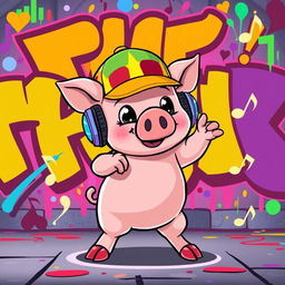 A stylized illustration of a pig character inspired by the Friday Night Funkin' game, featuring a cute cartoonish design and wearing a colorful cap and headphones
